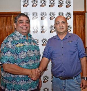 Aiyaz Mohammed Musa Umarji and Fiji Football Association President Rajesh Patel
