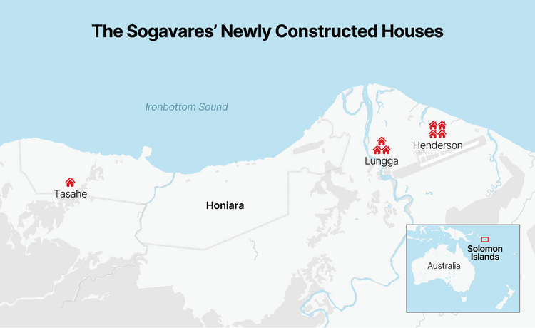 Map showing the locations of Sogavares' newly constructed houses