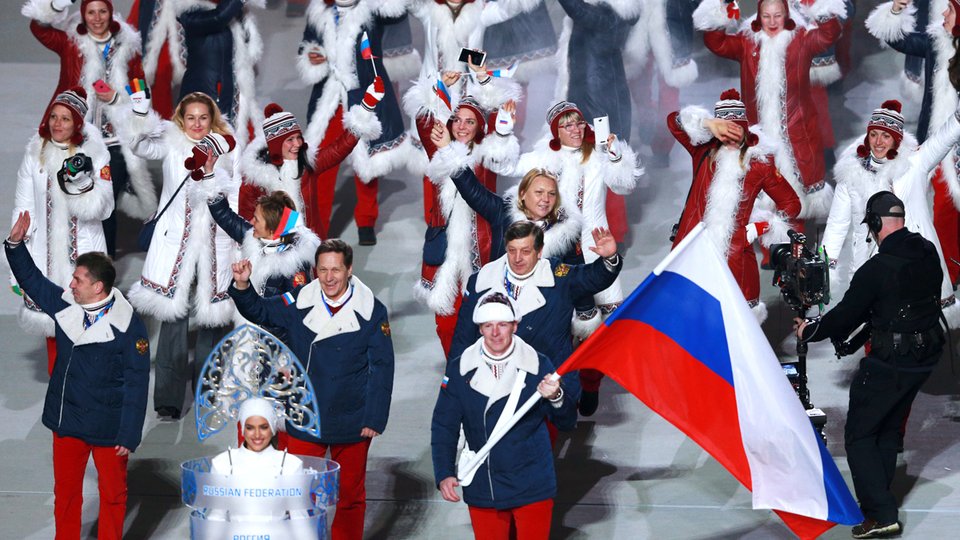 Russian athletes enter the stadium at the opening ceremony of the Winter Olympics in Sochi, Russia, in 2014. (Photo: http://premier.gov.ru/)