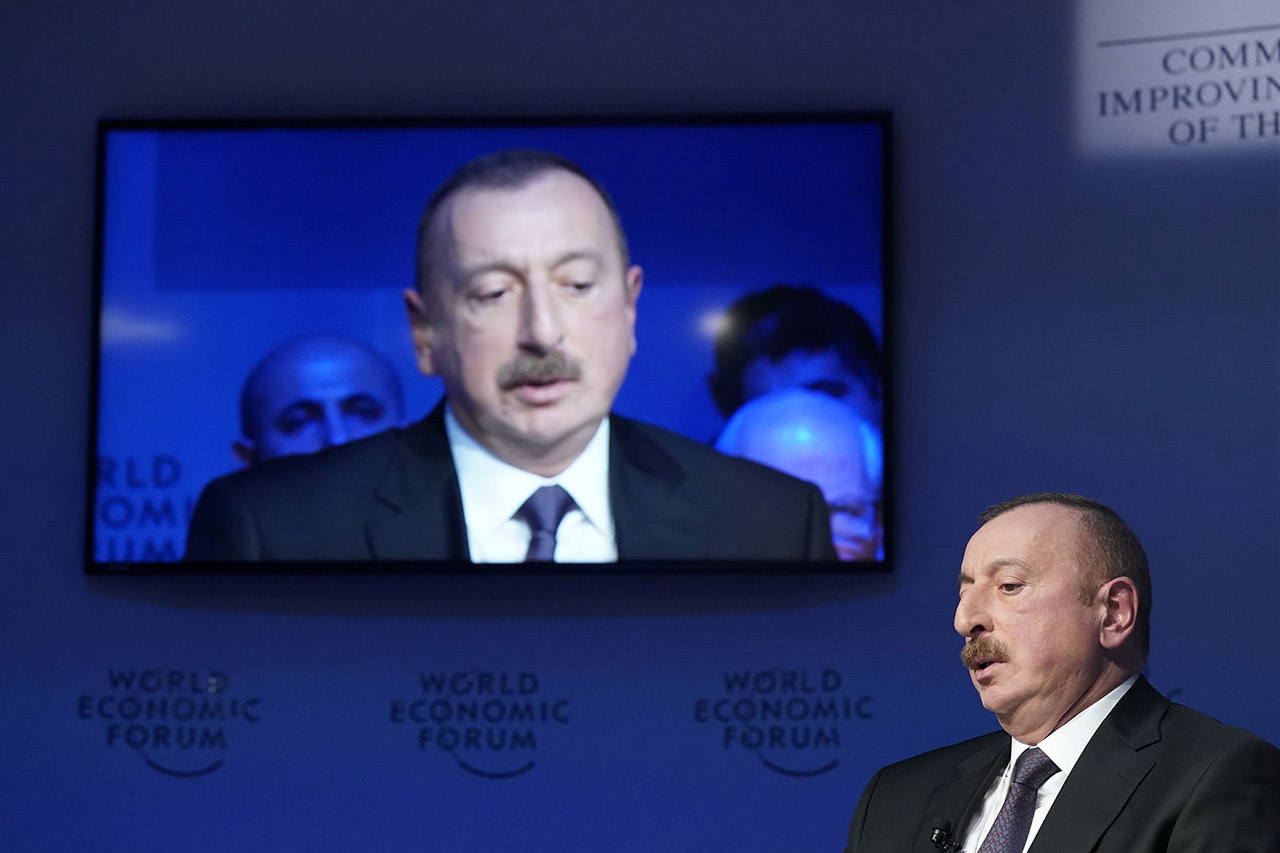 President of Azerbaijan Ilham Aliyev speaks during the World Economic Forum (WEF) annual meeting in Davos, Switzerland January 2018.