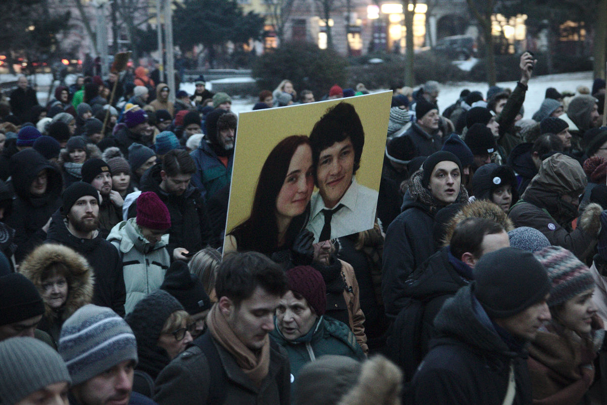A demonstration in memory of murdered journalist Jan Kuciak and his fiancee Martina Kusnirova, Bratislava, March 2018. Credit: Peter Tkac
