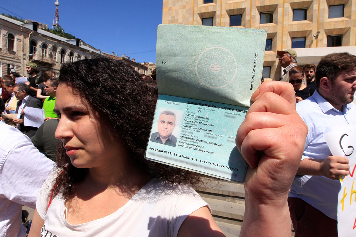 Leyla Mustafayeva, wife of newly imprisoned Azerbaijani journalist Afgan Mukhtarli, attends a rally in his support in Tbilisi, Georgia on May 31. (Photo: AP Photo/Shakh Aivazov)