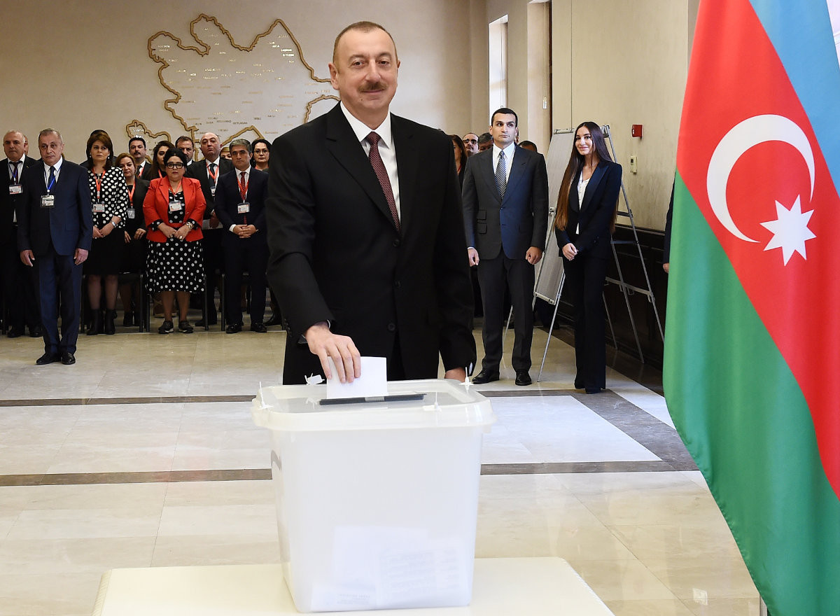 Azerbaijan's President Ilham Aliyev casts his vote during presidential elections, Baku, April 2018. Credit: Vugar Amrullayev / Azertac / Reuters