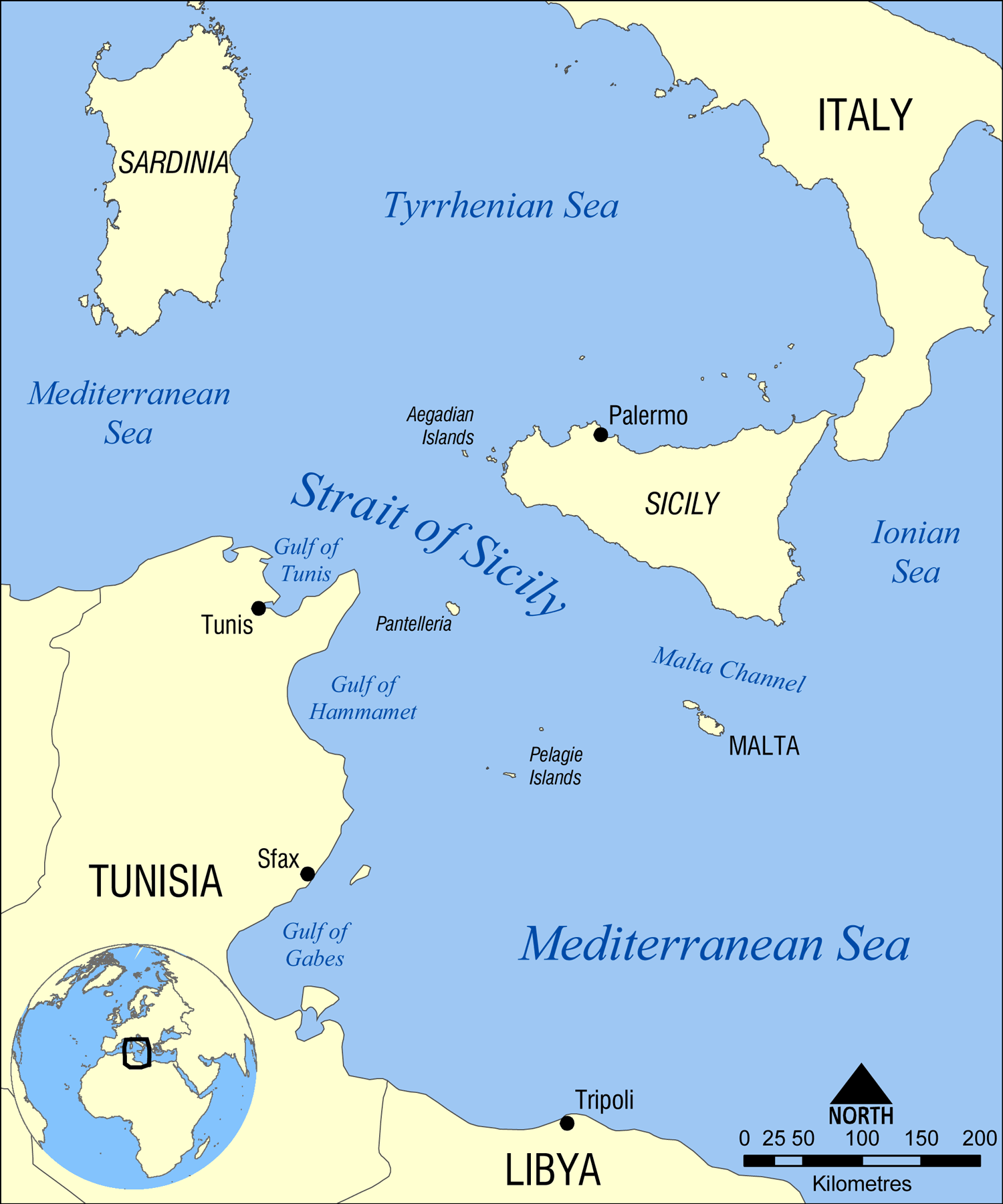 A map of the Strait of Sicily, between Tunisia and the Italian island. (Credit: Norman Einstein (CC BY-SA 2.0))